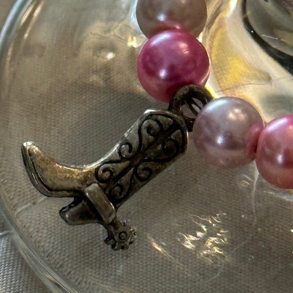 3/$15 Wine glass tag, stainless steel hoop, pink/white beads, cowboy boot charm - Picture 2 of 14